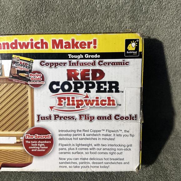Red Copper Flipwich Stovetop Panini & Sandwich Maker New InBox Non Stick Ceramic - Picture 5 of 6